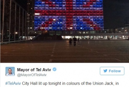 La sede de la Municipalidad de Tel Aviv muestra la imagen de la bandera británica tras el último atentado