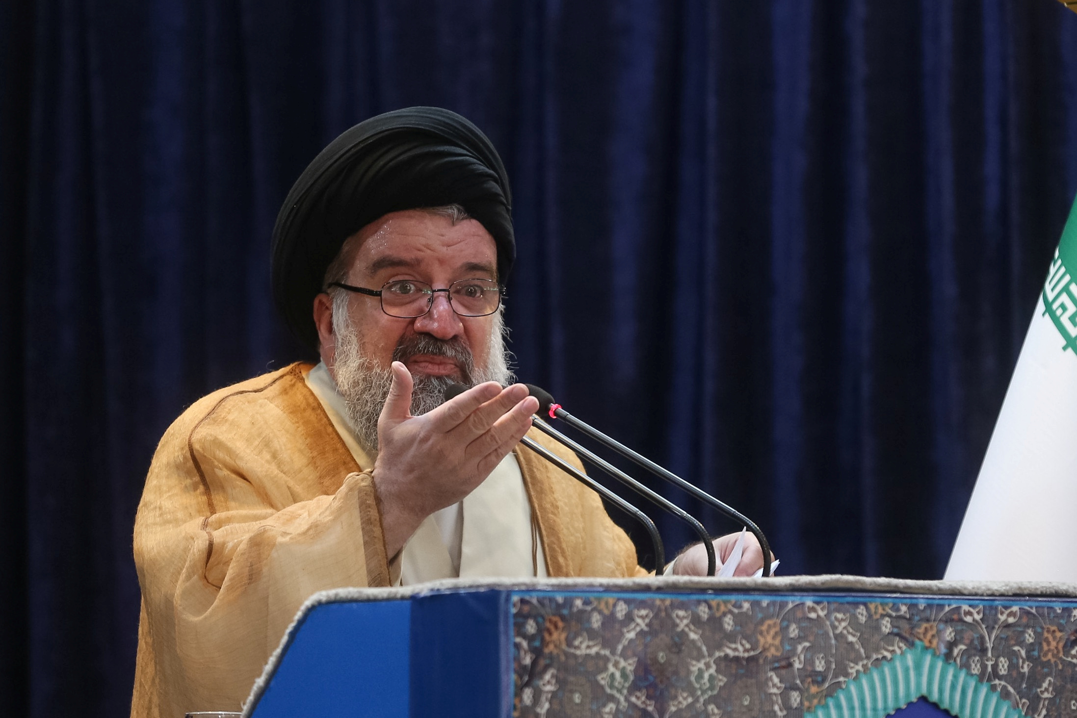 Iranian cleric Ayatollah Seyed Ahmad Khatami delivers a sermon during Friday prayers in Tehran