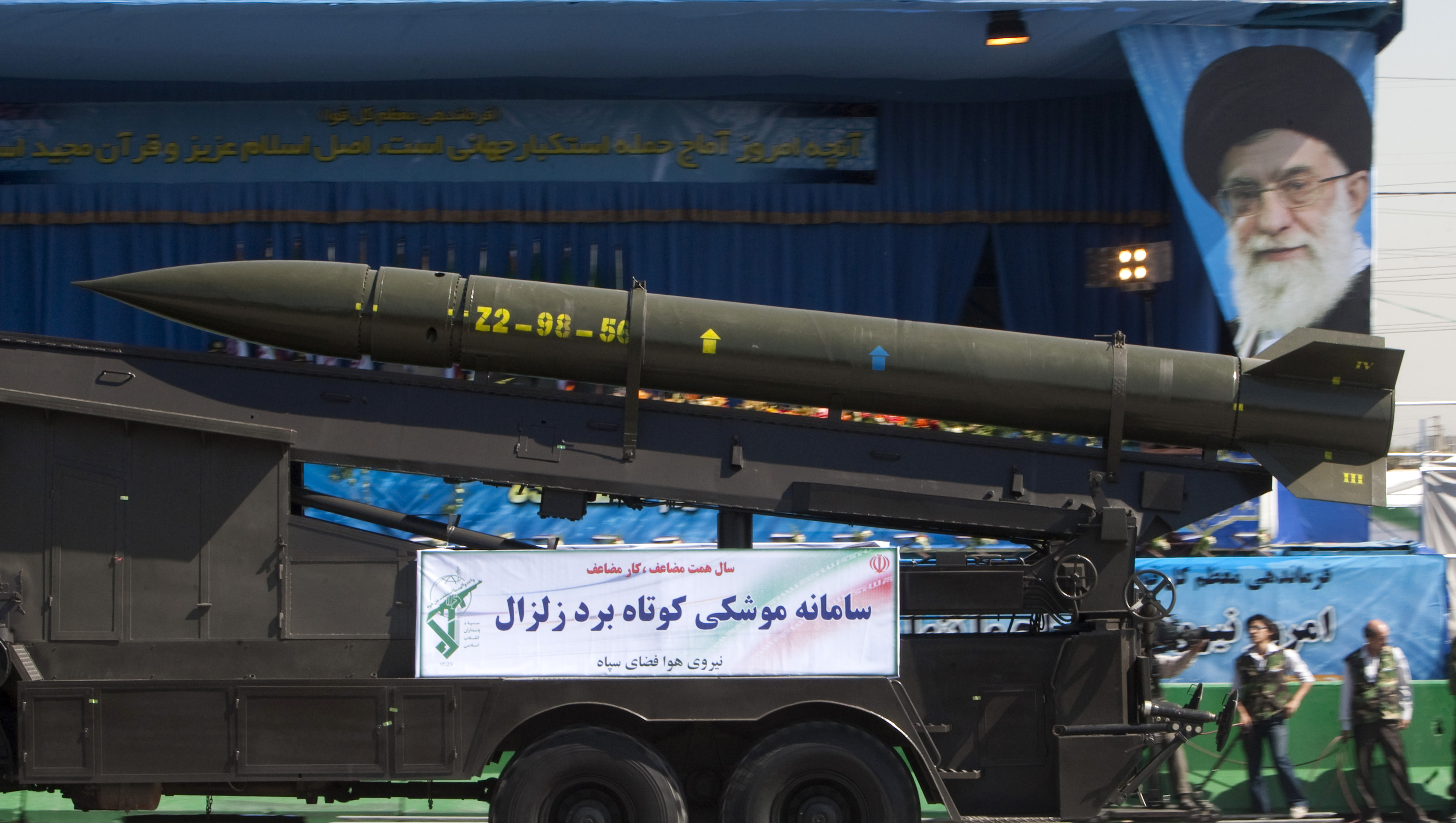 Zelzal surface-to-surface missile is driven past during a military parade to commemorate Iran-Iraq war, in Tehran