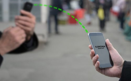 Contact tracing app against Coronavirus and Covid 19 pandemic spreading, when people in the city get too close, their smart phones connect, analyze the risk of infection and warn if necessary