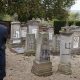 A member of the Jewish community inspects tombstones desecrated by vandals in a cemetery in Brumath …