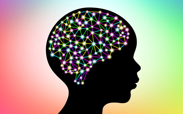 3d digital neuro multicolored colorful glowing human brain with child head black silhouette