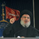 Lebanon’s Hezbollah leader Sayyed Hassan Nasrallah addresses his supporters during a public appearance at a religious procession to mark Ashura in Beirut’s southern suburbs