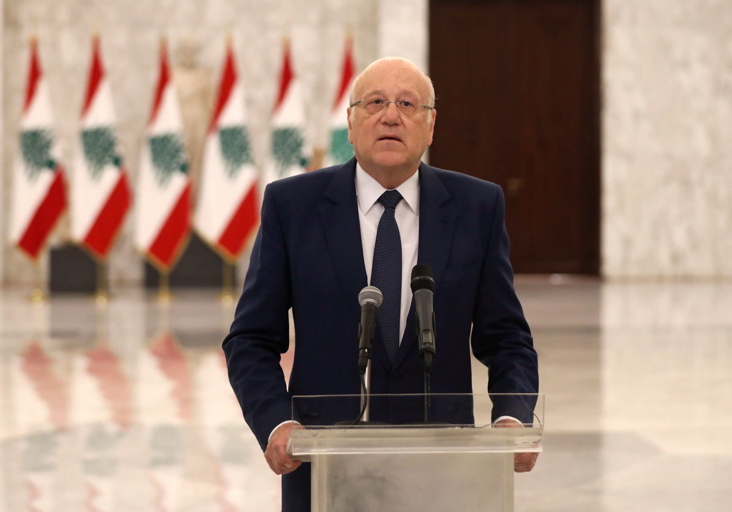 Lebanon’s new Prime Minister-Designate Najib Mikati, talks at the presidential palace in Baabda