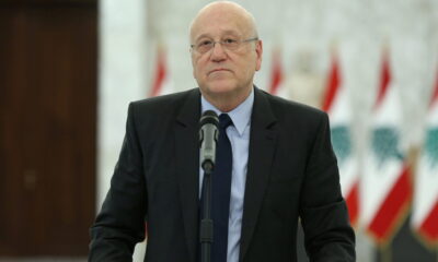 Lebanon’s Prime Minister-Designate Najib Mikati speaks after meeting with Lebanon’s President Michel Aoun, at the presidential palace in Baabda