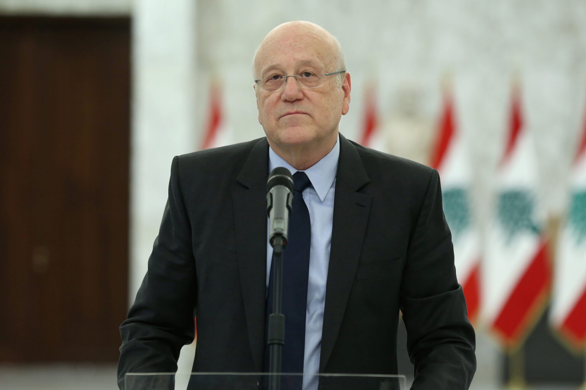 Lebanon’s Prime Minister-Designate Najib Mikati speaks after meeting with Lebanon’s President Michel Aoun, at the presidential palace in Baabda