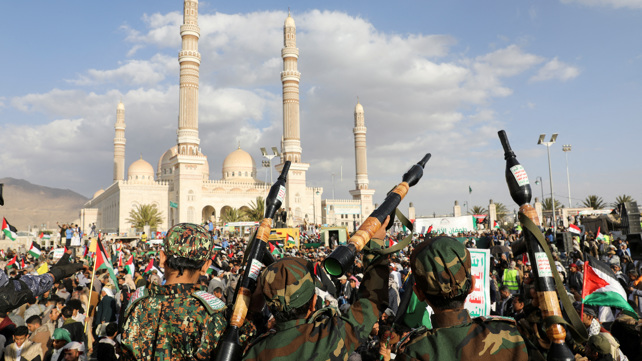 Houthi supporters commemorate ten fighters killed by the U.S. Navy, in Sanaa