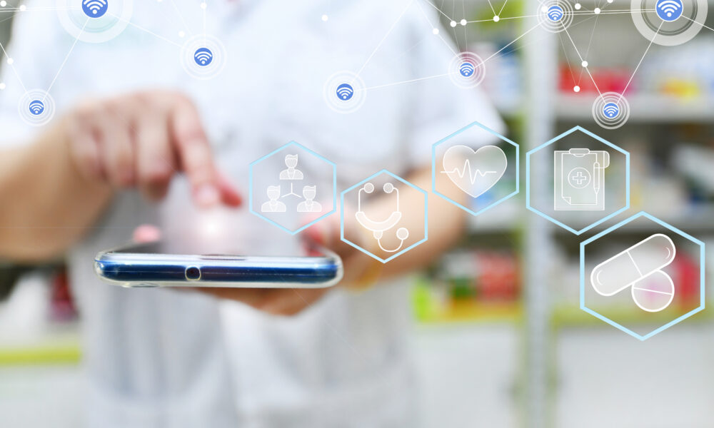 Pharmacist using mobile smart phone for search bar on display in pharmacy drugstore shelves background.