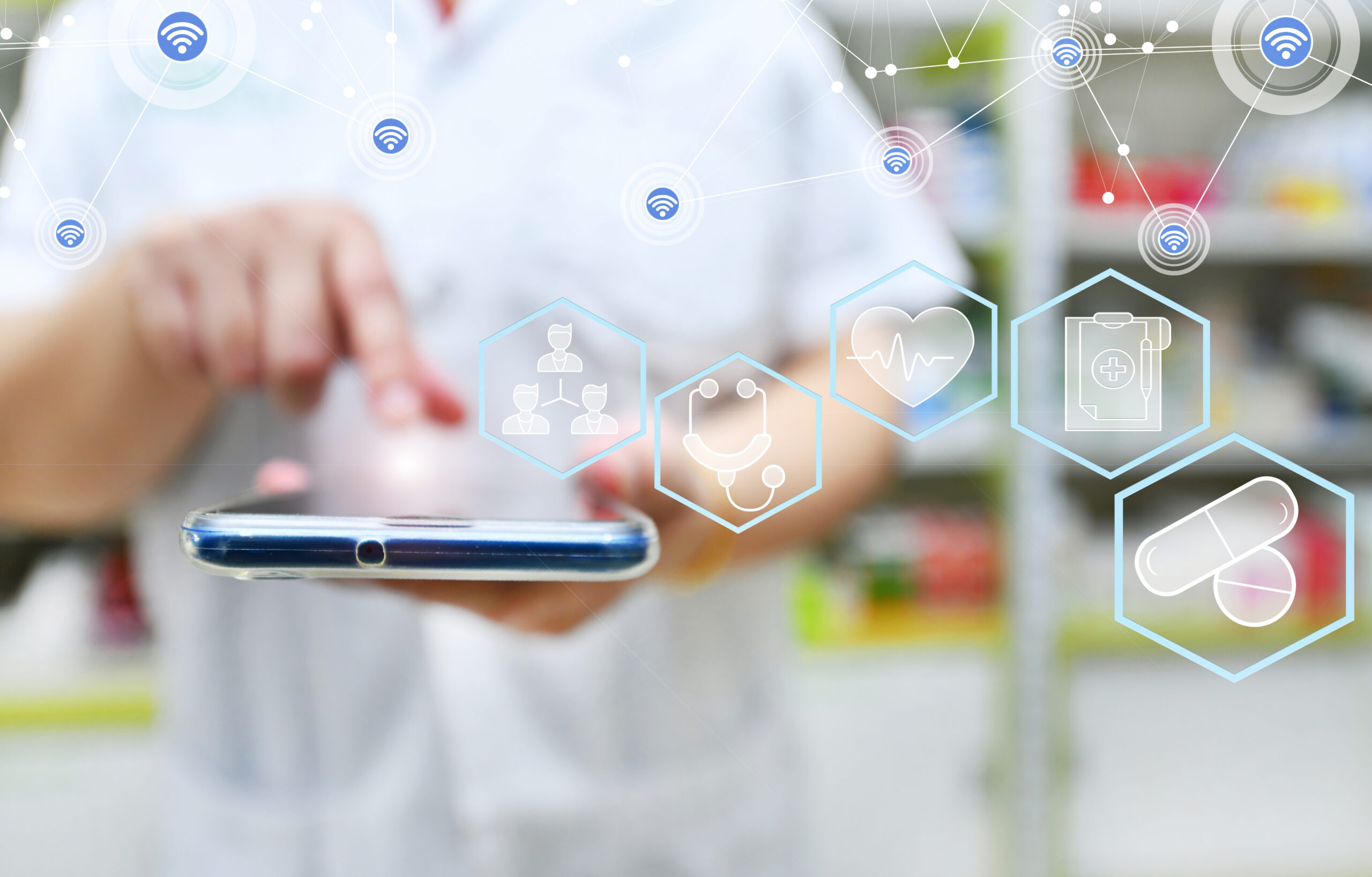 Pharmacist using mobile smart phone for search bar on display in pharmacy drugstore shelves background.